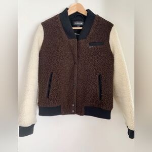 Members ONLY Brown and Cream Sherpa Bomber Varsity Jacket Coat Sz L